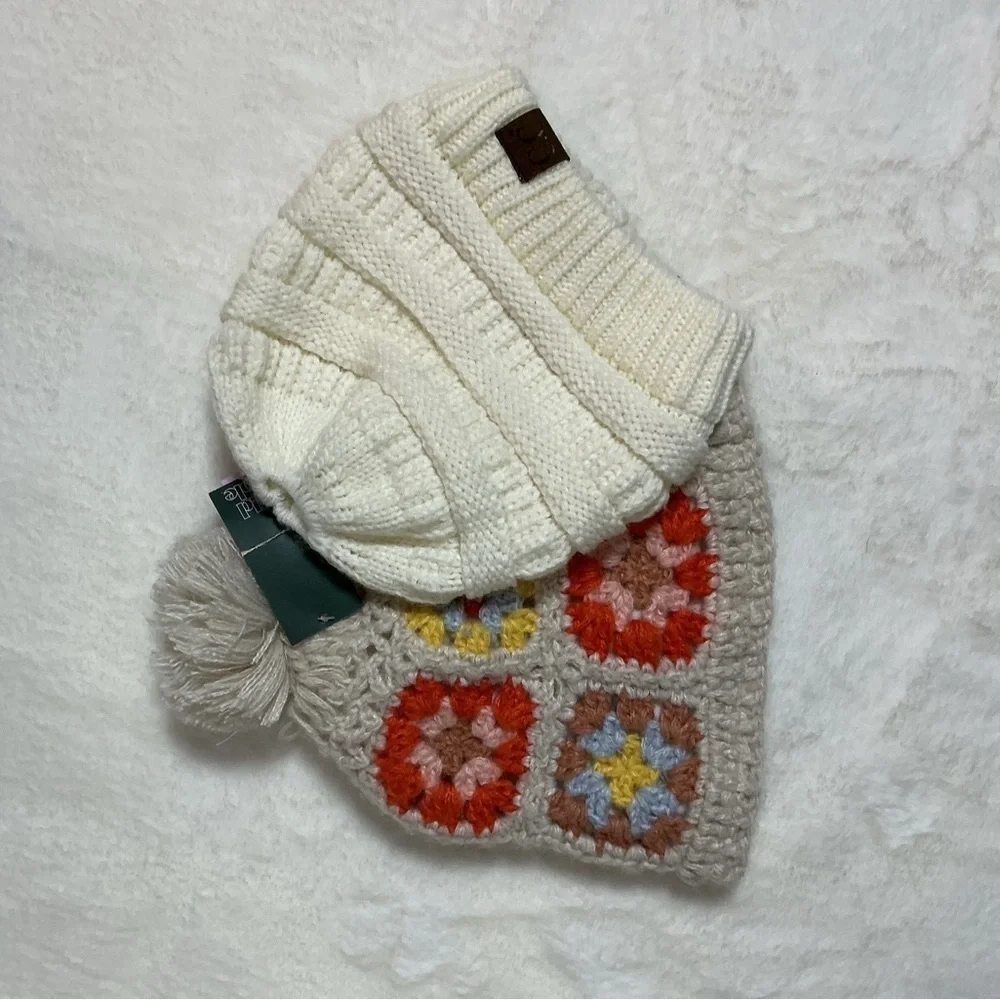 Red and Yellow Granny Square Hat with Pom-Pom